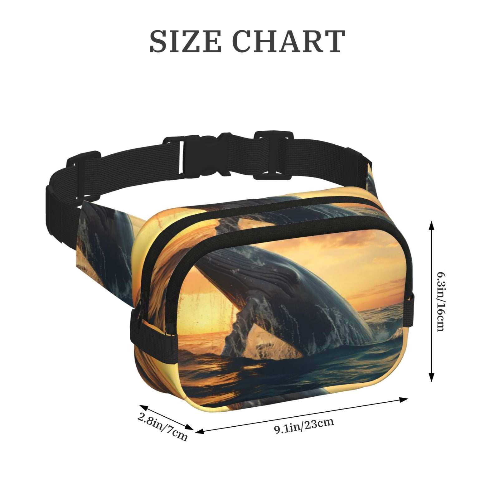 Picia Sunset Ocean Whale Print Square Double-Layer Waist Bag Mini Adjustable Waist Belt Bag Exercise Running Travel Hiking