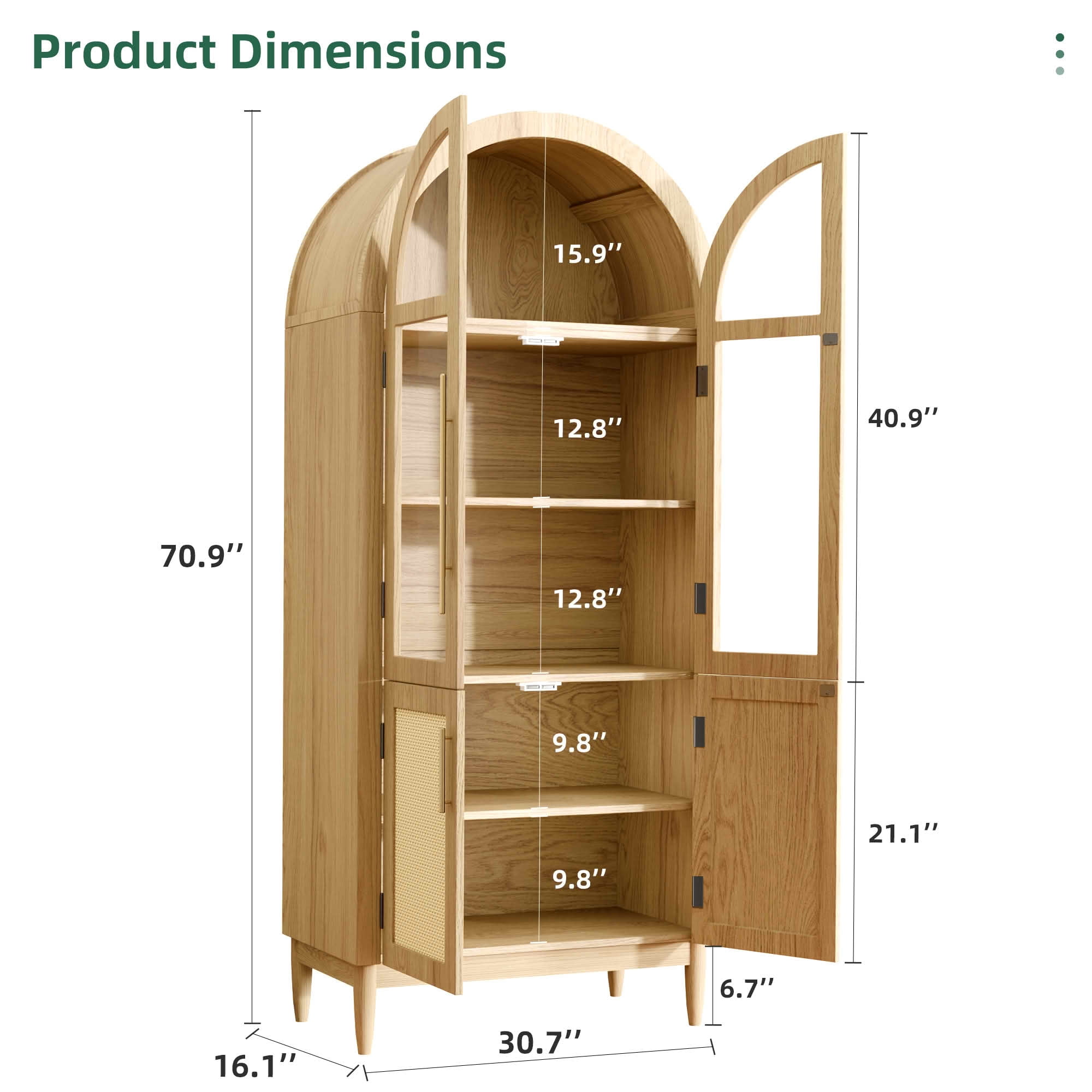 MAYEERTY 71" Oak Arch Cabinet with Glass Doors, for Living Room Dining Room