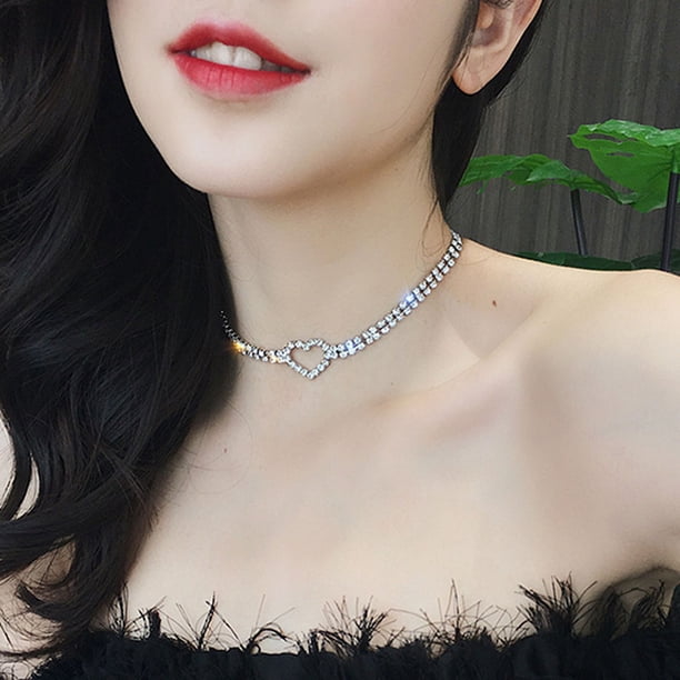 Collar corto de doble capa con diamantes brillantes y diseño de amor para mujer, cadena de clavícula, joyería