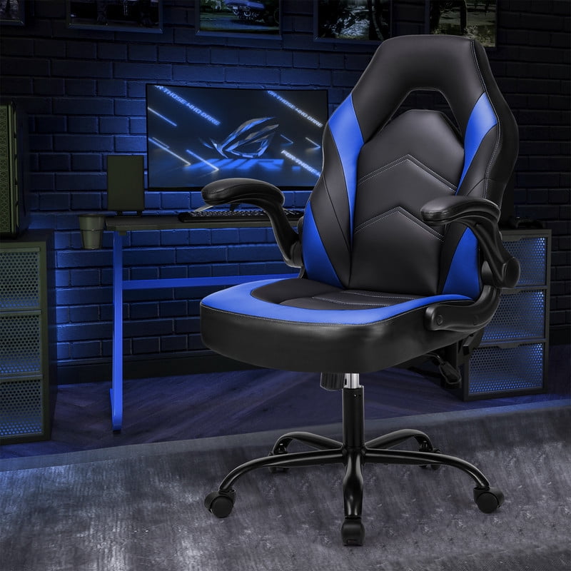 Gianna Ergonomic Computer Gaming Chair with Flip-up Armrest, Height Adjustable PU Leather Home Office Desk Chair with Lumbar Support Swivel Wheels and for Adults，Black Blue