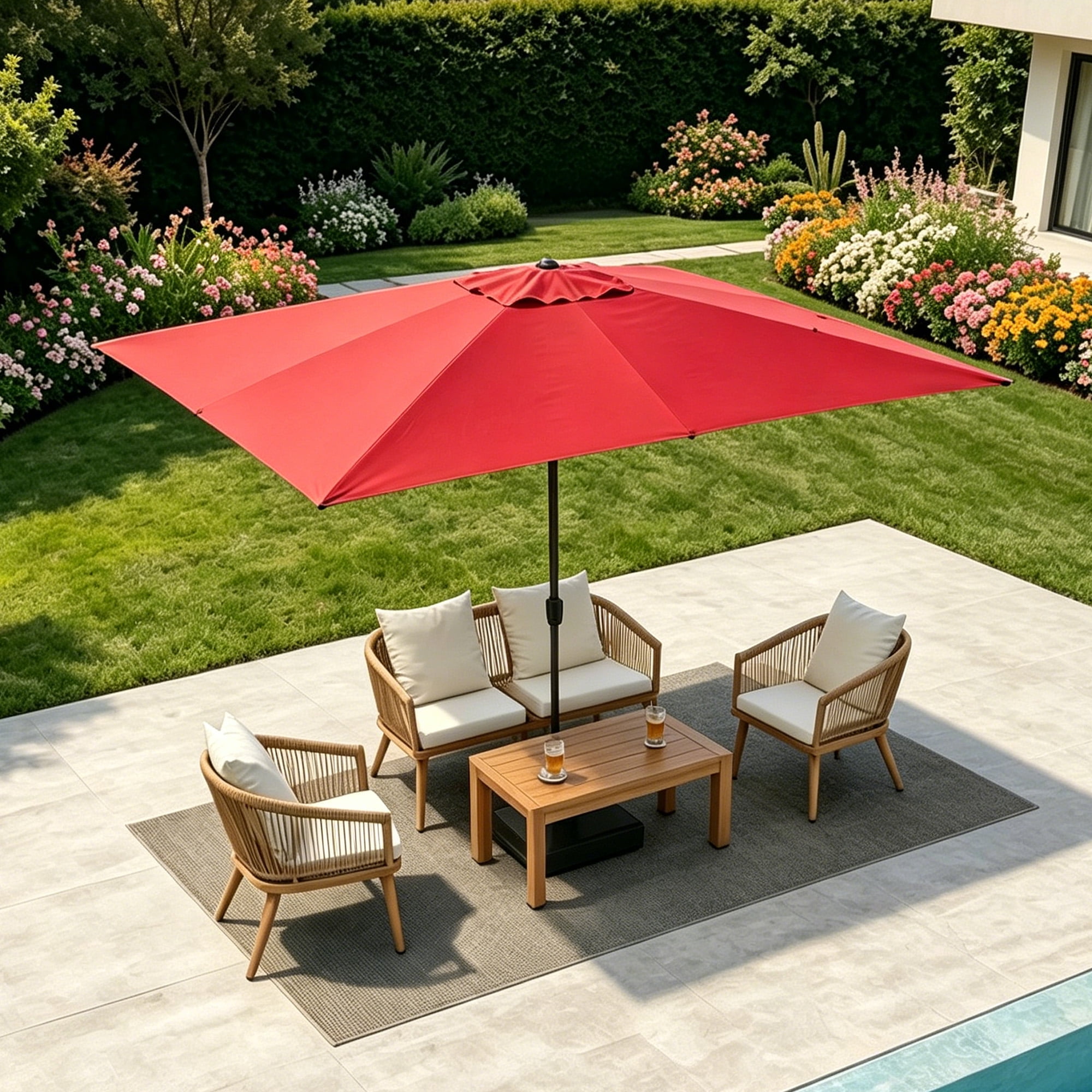 Kool 10x6.5ft Rectangular Patio Umbrella with Crank Handle, Outdoor Market Umbrella with 6 Sturdy Umbrella Ribs, Waterproof, Red