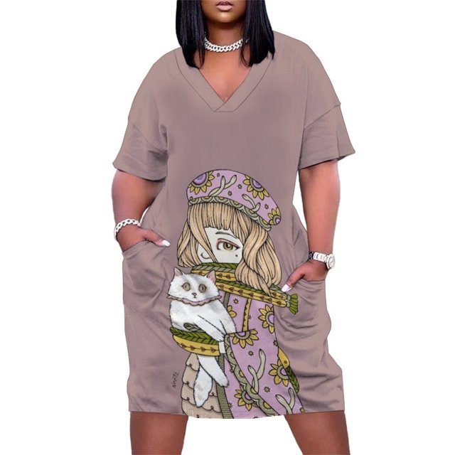 Vestido suelto con bolsillos y cuello de malva pecana. Vestidos de mujer. Vestidos de fiesta. Vestidos de gala.
