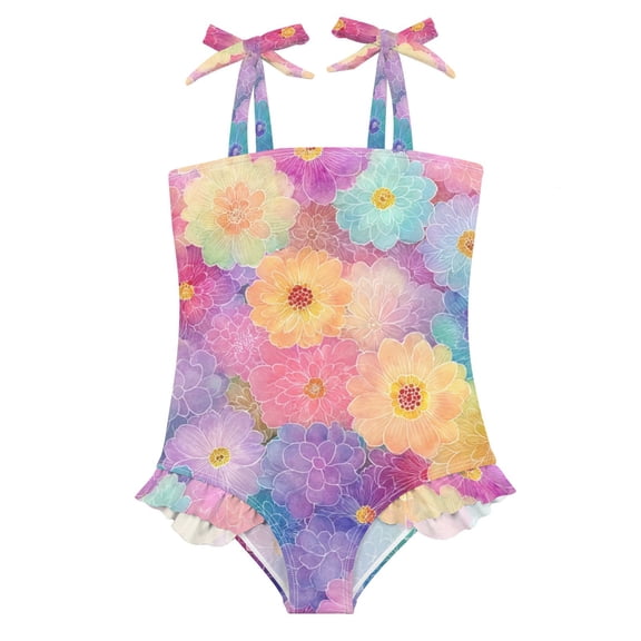 Girls' One-Piece Swimwear Bowknot Strap Swimsuit,Rainbow Flowers Printed Teen Swimwear for Resort Beach Water Park 18M