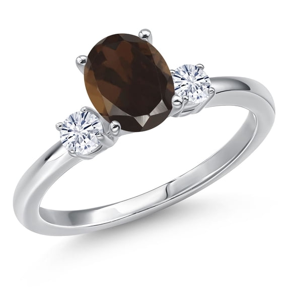 Gem Stone King 14K White Gold Brown Smoky Quartz and White Moissanite Engagement Ring for Women | 1.40 Cttw | Oval 8X6MM | Gemstone Birthstone | Size 5