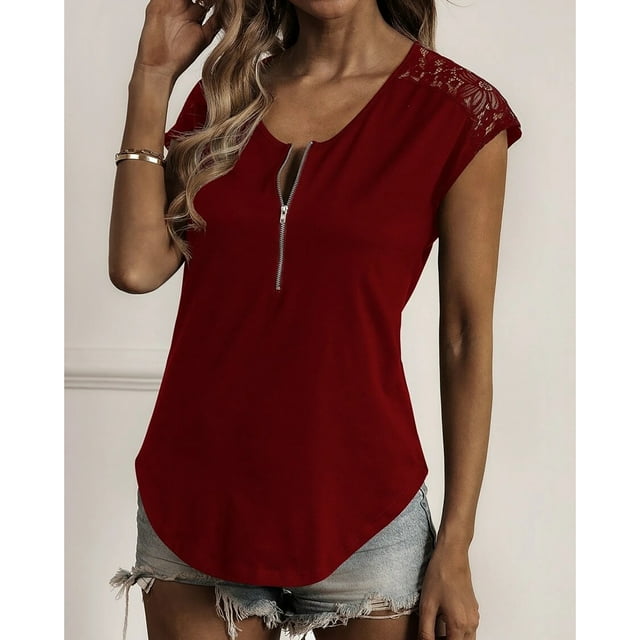 Top de manga corta con encaje y cuello en V,Top de encaje con cuello en V y cremallera para mujer Camisa de encaje con cremallera de manga corta Diseño de próxima generación