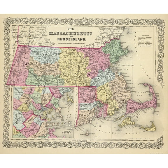 Historic State Map - Massachusetts - Colton 1856 - Vintage Wall Art