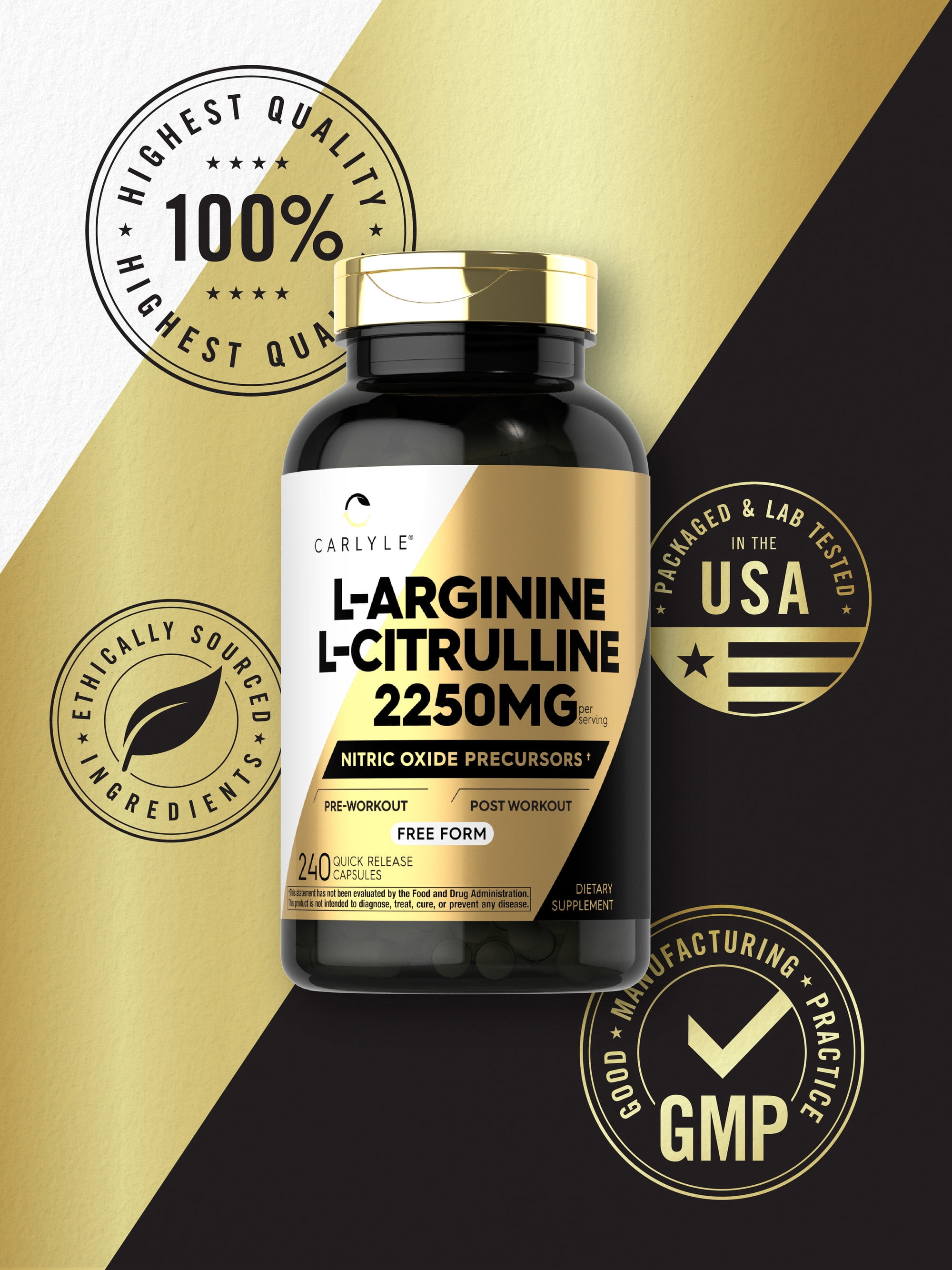 l citrulline glutathione L-Arginine L-Citrulline Complex | 2250mg | 240 Capsules | Nitric Oxide  Precursors | Free Form | Non-GMO & Gluten Free | by Carlyle