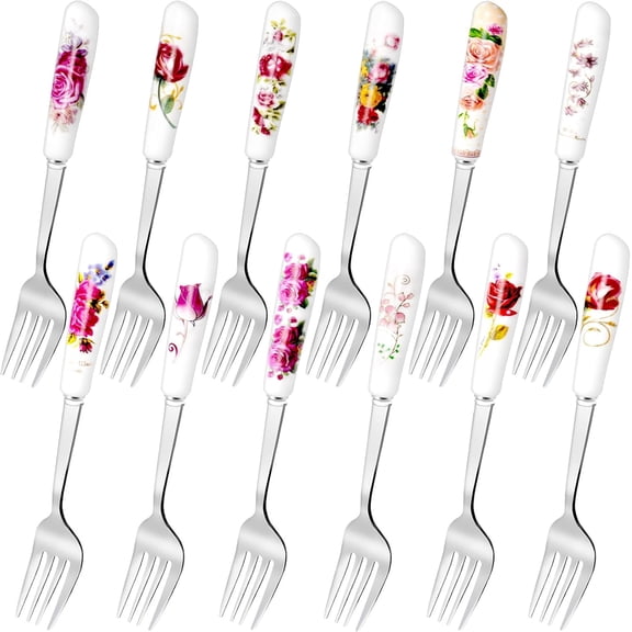 12Pcs Dinner Forks, Stainless Steel Floral Design Flatware with Ceramic Handle, Dessert & Table Forks for Home & Restaurant (12 Floral Patterns)