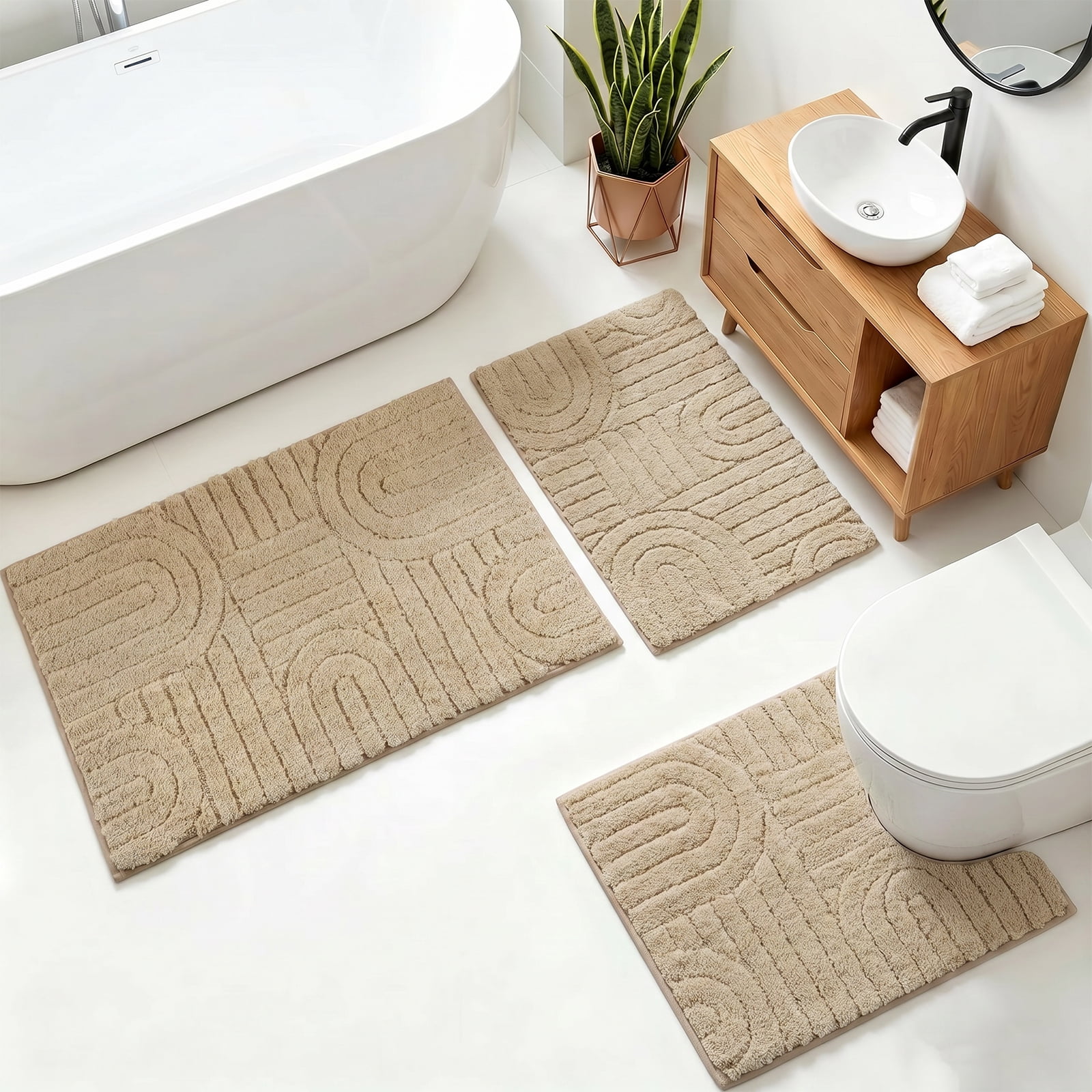 Aonewoe Bathroom Rug Set 3 Piece Microfiber Water Absorbent Bath Mats Washable Non Slip Bath and Toilet Rug Set for Shower Floor（Beige）