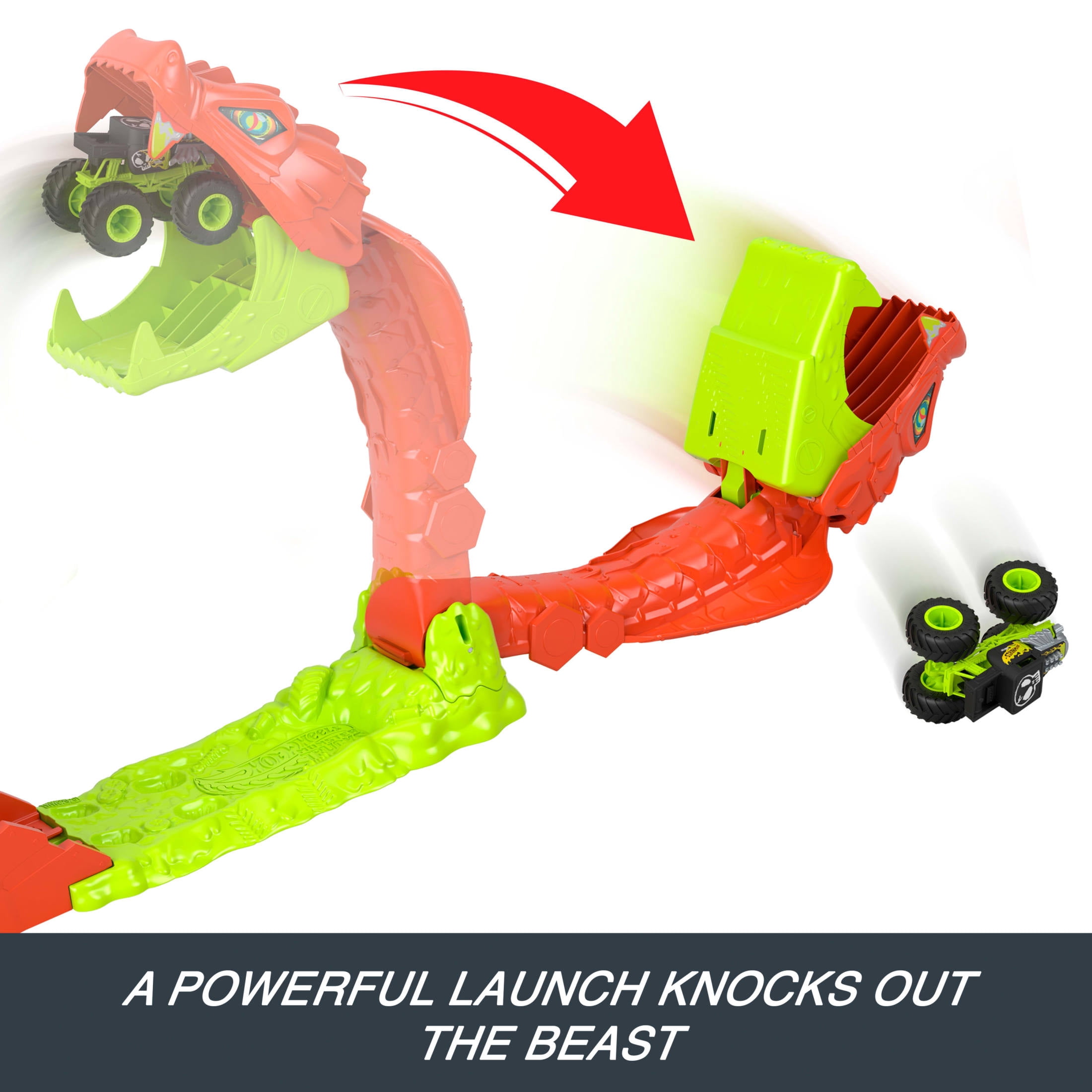 Hot Wheels Monster Trucks Snake Slam Takedown Playset with 1:64 Scale Bone Shaker Toy Vehicle