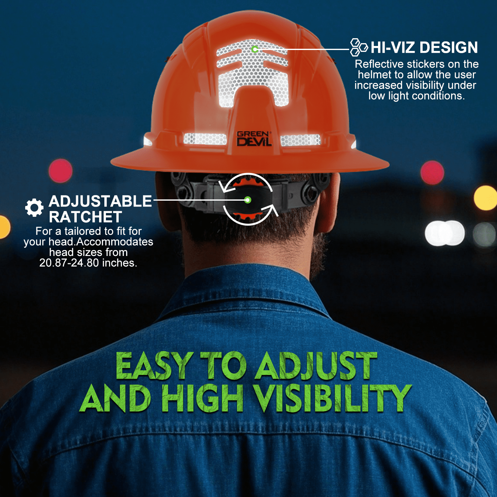 GREEN DEVIL Full Brim Hard Hat ANSI Z89.1 Type 1 Class C Certified Vented Construction Helmet with 6-Point Ratchet Suspension for Men Women