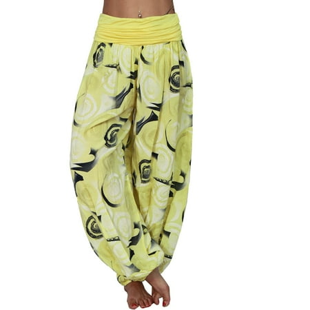 

Women s Flowy Boho Pants - Loose Yoga Harem Joggers - Casual Bohemian Hippie Palazzo Lounge Comfy Elephant Pajama CHMORA(Yellow M)