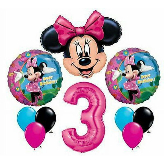MINNIE MOUSE #3 3rd Pink Bow Birthday Party Decoration Mylar & Latex Balloon Set