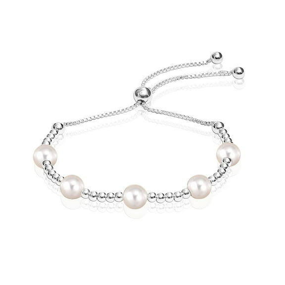 LeCalla 925 Sterling Silver 7MM Pearl Beaded Adjustable Sliding Bolo Bracelets for Women and Teen Girls 10" Inch