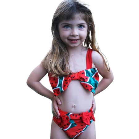 

Gwiyeopda Baby Girls Swimsuit Watermelon Print Crop Tank Tops Bow Bikini Shorts Set Summer Swimwear