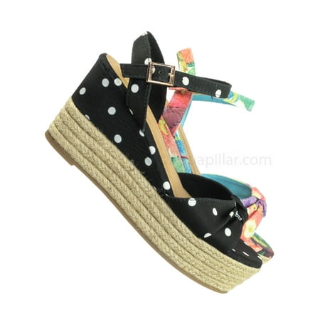 White Polka Dot Sandal - Olson09 by Bamboo, Espadrille Wedge Sandal -Women Multi Print & Polka Dot Braided Jute Wrap