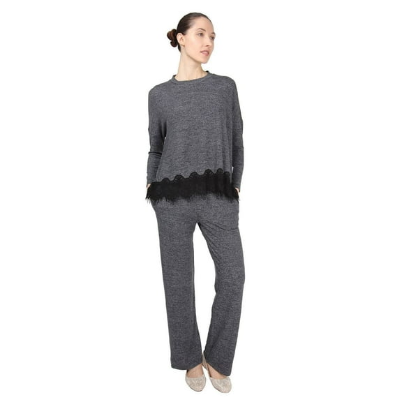 MeMoi Women's Long Sleeve Lounge Set with Contrast Lace Hem - Womens - Female, Small, Charcoal Heather