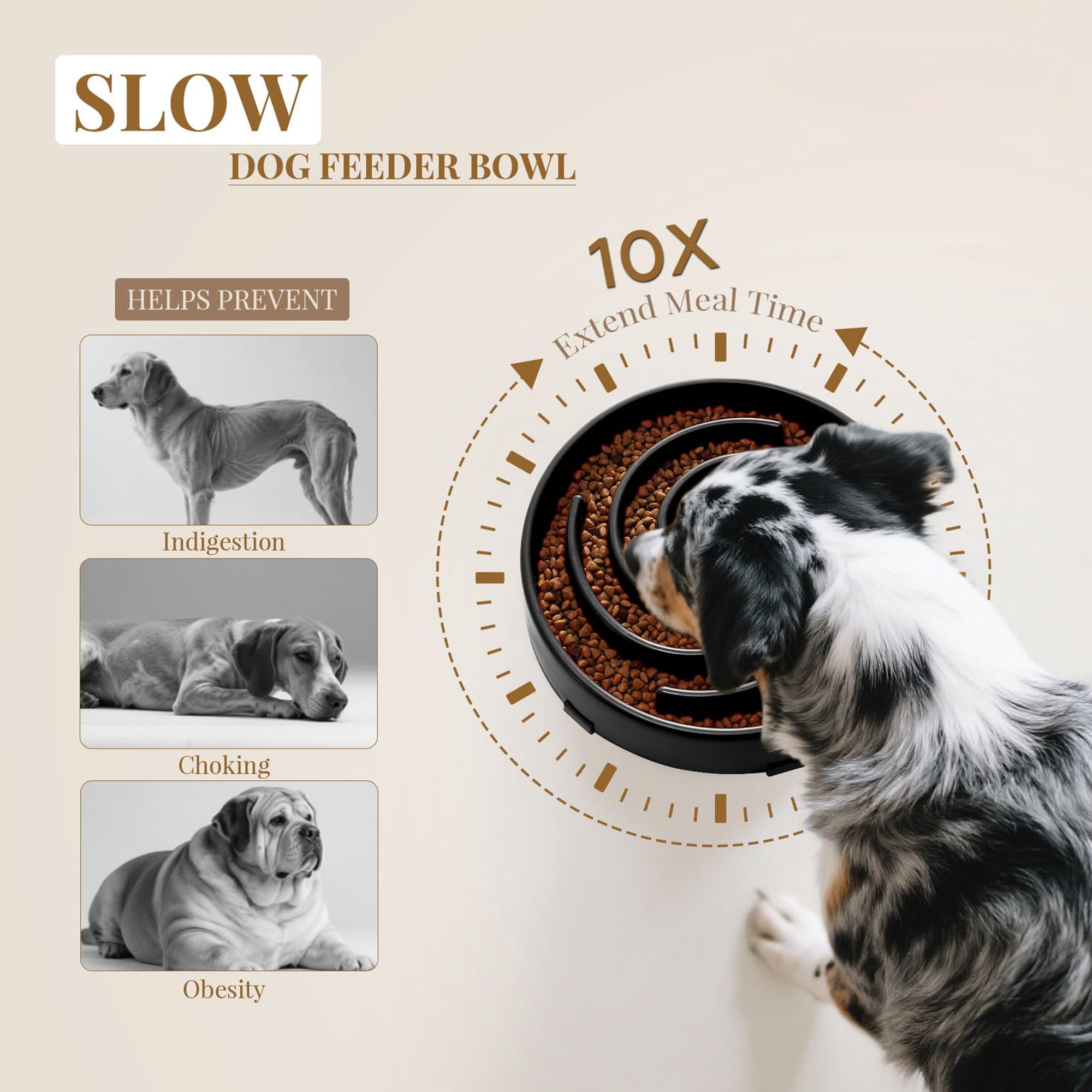 Slow Feeder Dog Bowl for Large and Medium Dogs, Gulping Pet Bowl to Preent Bloat and Choking, Spiral Maze Design for Eating, Non Slip Base with 6 Pads, Easy to Clean Dishwasher Safe, Black