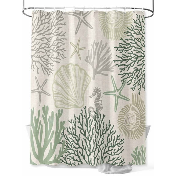 Fsddascl Sage Green Ocean Shower Curtain Set - 36" x 78" Washable Bathtub Curtain with 12 Hooks, Coastal Grey Coral Starfish Shell Waterproof Fabric Stall Shower Curtains for Bathroom/Bathtub Décor