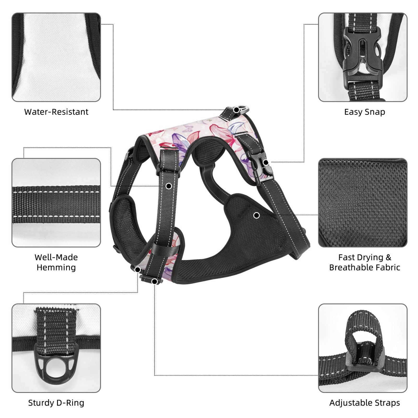 Kdxio Lilies Flowers Print No Pull Dog Harness Adjustable Reflective Oxford Easy Control Medium Large Dog Harness for Training and Everyday-Small