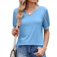 thumbnail image 1 of Camisetas Casuales de Cuello en V para Mujer, Blusas de Encaje de Corta con Dobladillo Curvo, Corte Holgado. Azul XXL, 1 of 10