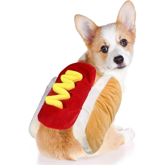 Wrongduck Dog Hot Dog Costume, Funny Halloween Pet Outfit with Adjustable Velcro Straps, Soft Cotton Hot Dog Design Costume for Small and Medium Dogs and Cats