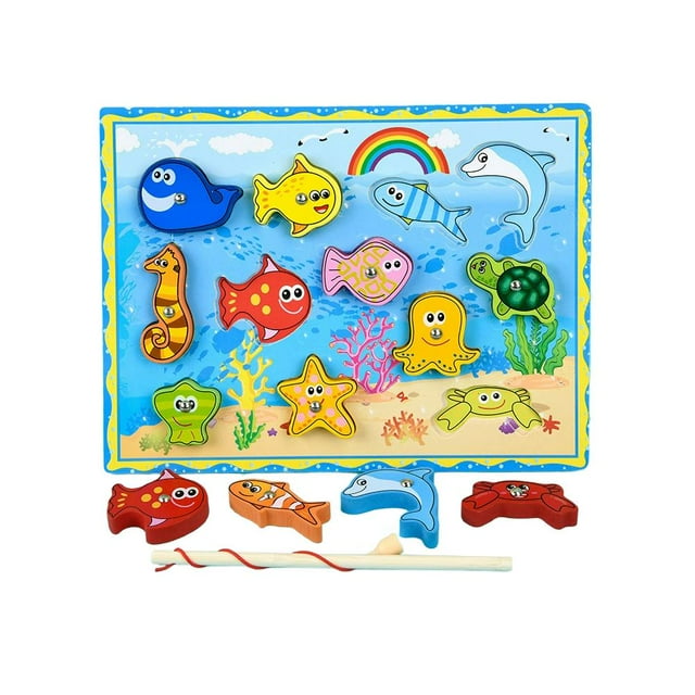 Wooden 4-in-1 Fishing Game Stacking Blocks Lacing Beads Pattern Shape Match