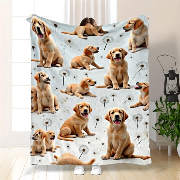 Soft Flannel Blanket with Playful Golden Retriever Puppies & Dandelion Motifs 280GSM Lightweight Comfortable Multi-Use for Indoor Outdoor Bed Sofa Travel Charming Decorative Throw