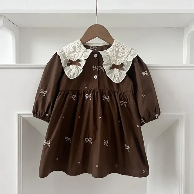 Korean Bow Embroidered Baby Bodysuit Spring Cute Girls Long Sleeve Butterfly Collar Dress Children's Clothes Sisters Dress