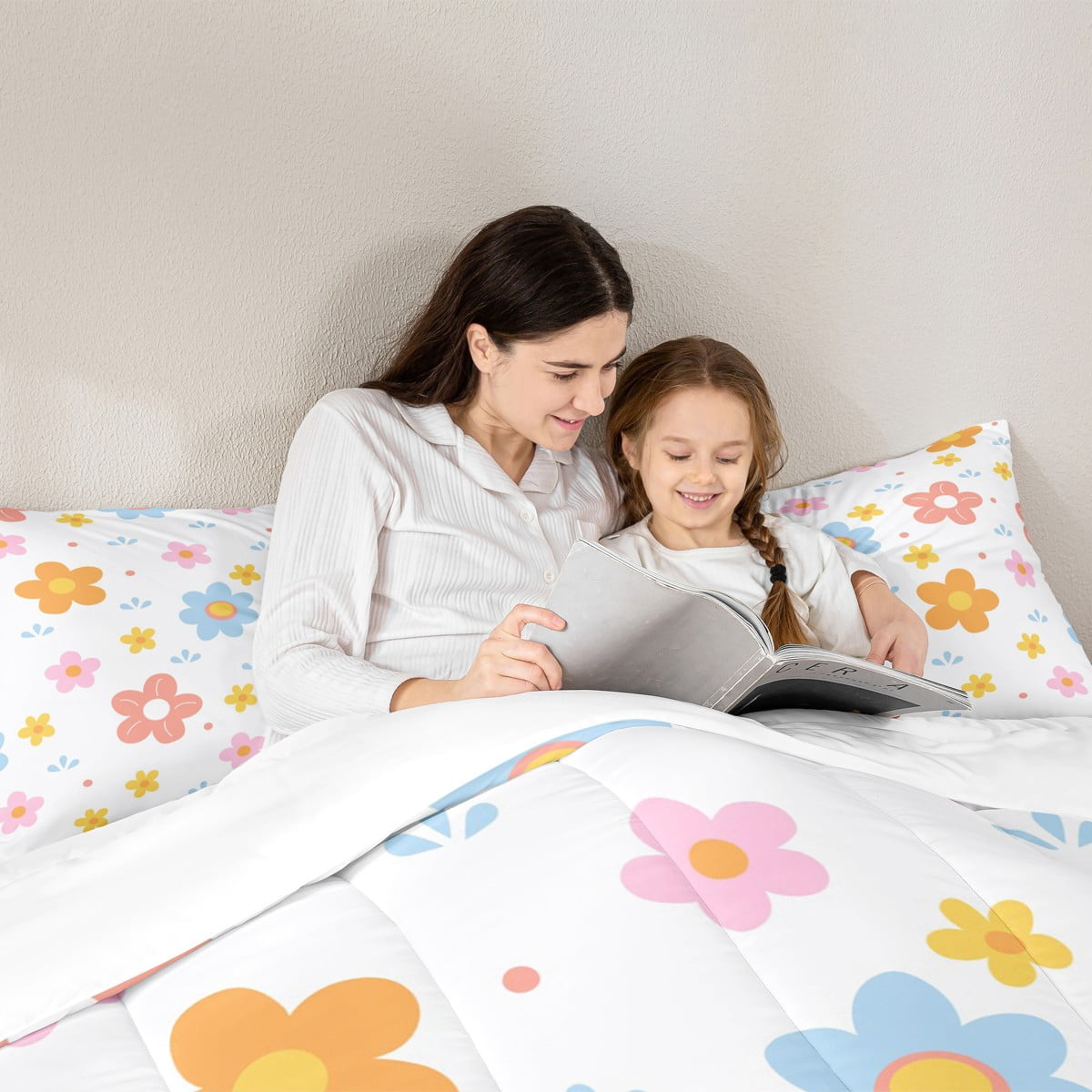 jejeloiu Cute Flower Twin Bedding Sets 7-Piece,Plant Theme Bedding Comforter Set,Orange Blue White Sheet Sets For Girls Kids,Microfiber Room Decoration