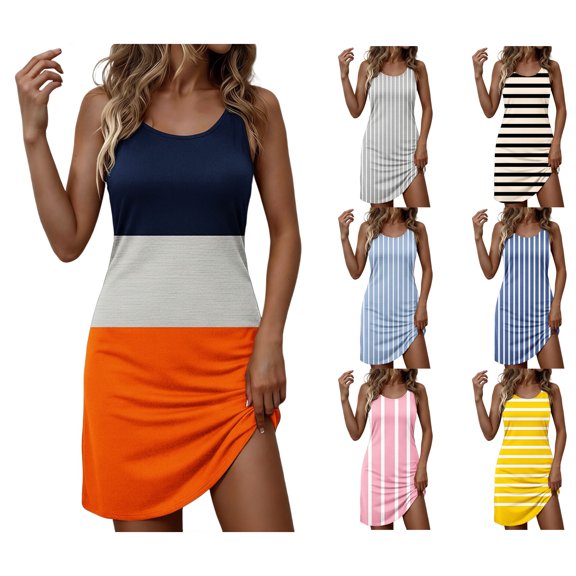 SROBPTY Summer Dresses for Women Print Sleeveless Crew Neck Elegant Classic Straight Midi