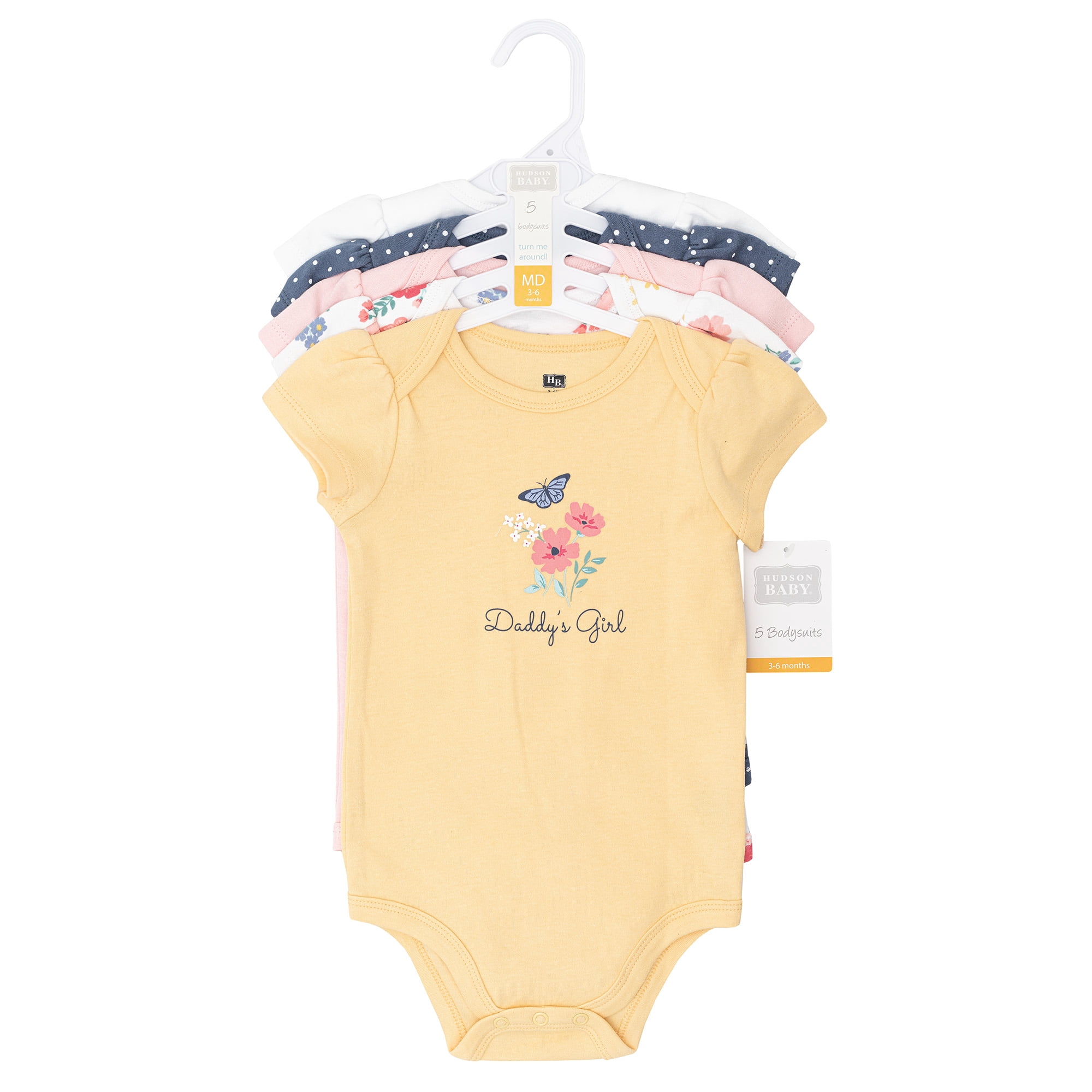 Hudson Baby Infant Girls Cotton Bodysuits 5-Pack, Butterfly Floral, Newborn