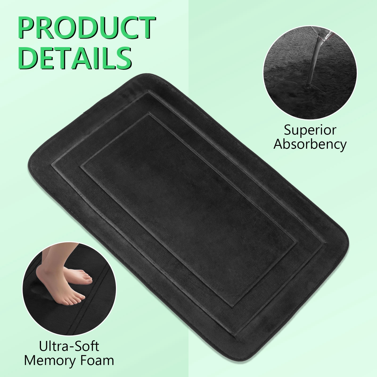 Tripumer 3 Pcs Large Memory Foam Bath Mat Set Bathroom Rugs Set U Shape Mats for Bath Floor Black