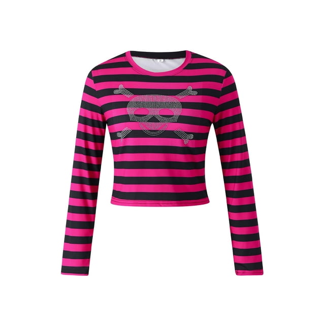 Sunloudy - Camiseta de manga larga a rayas para mujer, con estampado de calavera y diamantes de imitación, cuello redondo Sunloudy moda