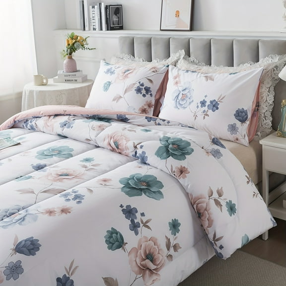 3pcs 100% Cotton Floral Comforter Set: 1 Comforter + 2 Pillowcases | Twin/Queen/King | White Chic, Farmhouse Style | All-Season