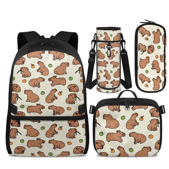 Pzuqiu Orange Fruit Capybara Kids Backpack for School Girls 8-12 4pcs School Backpacks Sets with Lunch Bag Pencil Case 17 Inch Bookpack with Shoulder Strap Camping Bacpack for Teens