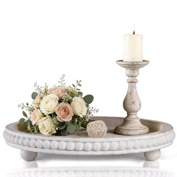 FZBCTLDZ 12" Round Decorative Tray for Coffee Table, White Distressed Farmhouse Wood Tray with Beaded Rim, Rustic Home Decor Centerpiece Tray