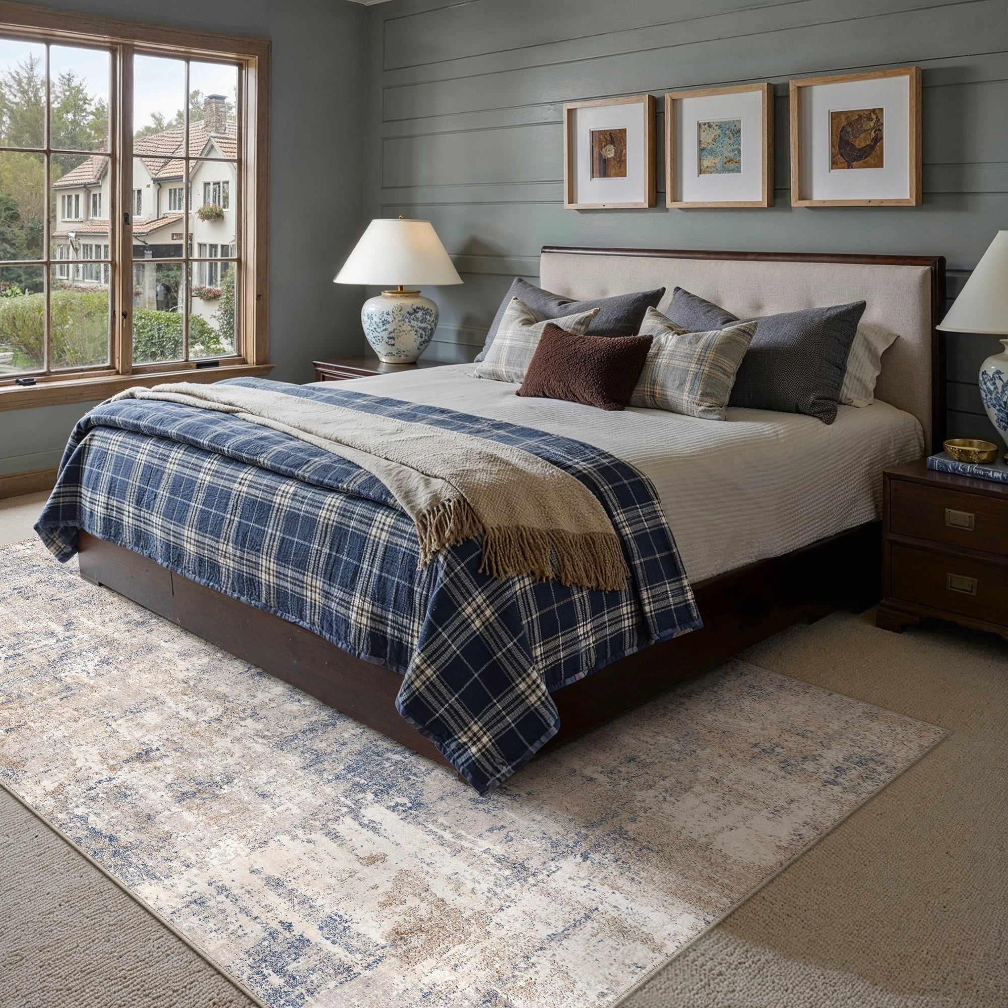 BERTHMEER 6'x9' Blue Abstract Area Rugs for Living Room Bedroom Dining Room Office Farmhouse Distressed Machine Washable Non-slip