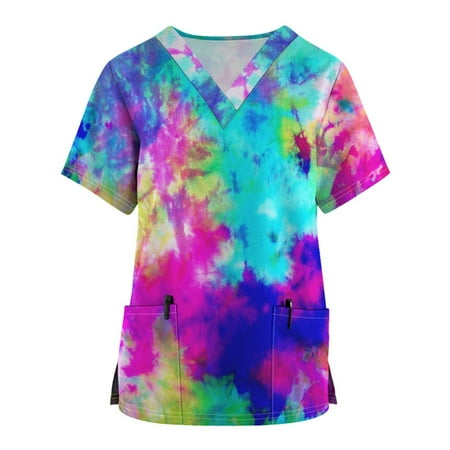 

Sksloeg Women Scrub Tops Tie-dye Printed Top Workwear with Pockets Short Sleeve V-Neck Nursing Working Uniform Hot Pink XXXXL