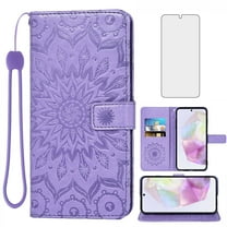 Asuwish Compatible with Samsung Galaxy A35 5G Wallet Phone Case and Tempered Glass Screen Protector Flip Credit Card Holder Stand Mandala Flower Cell Cover for A 35 35A A355G Women Men Purple