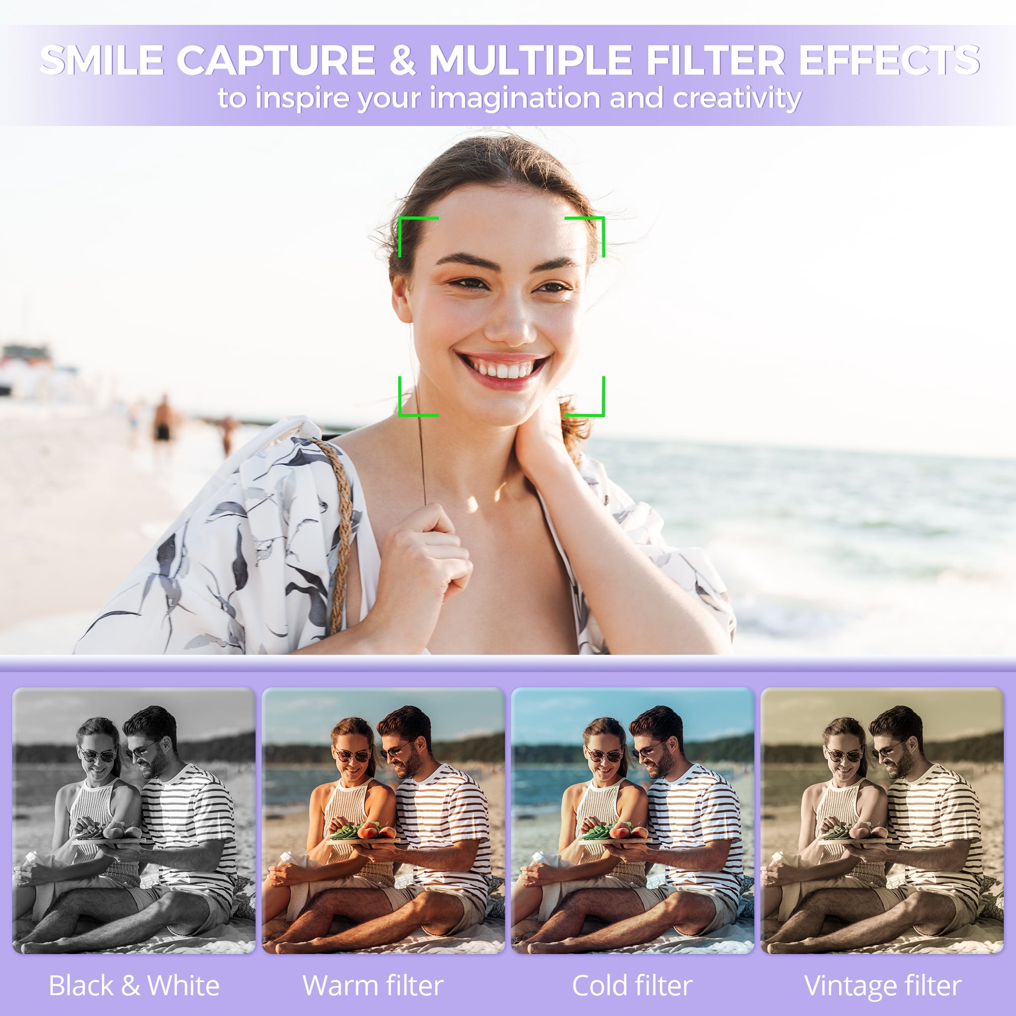 Digital Camera Rechargeable w/ 32GB TF Card, 1080P Video 48MP Fun Retro Filters 16X Zoom Date LED Fill Light, Entry Level Point and Shoot Camera (Purple)