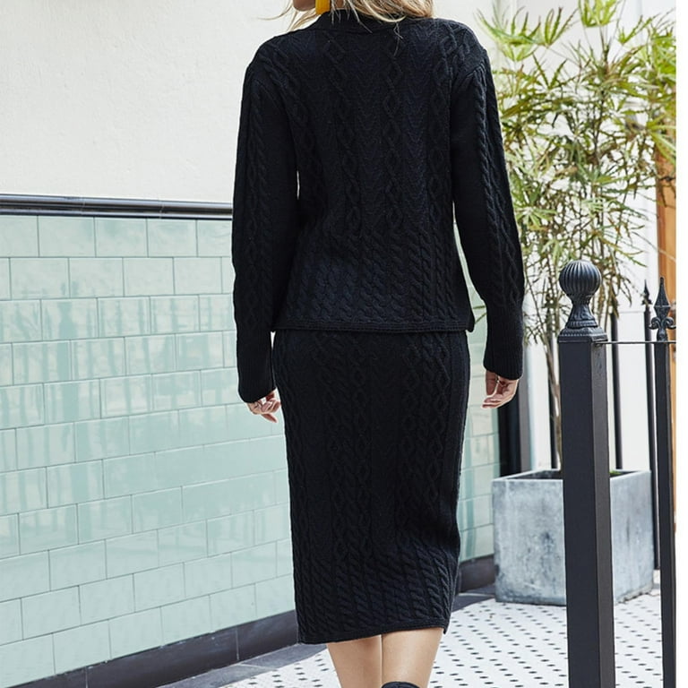 Kijblae Women Sweaters Dress Sets Solid Color Sweater Top And Skirt Set Cable Knitted 2 Piece Outfits Fall Bodycon Dress Button Dowen V Neck Cardigan