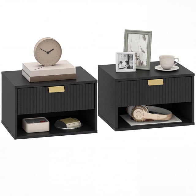 HOMCOM Floating Nightstands Set of 2 with Fluted Drawer Open Shelf Black