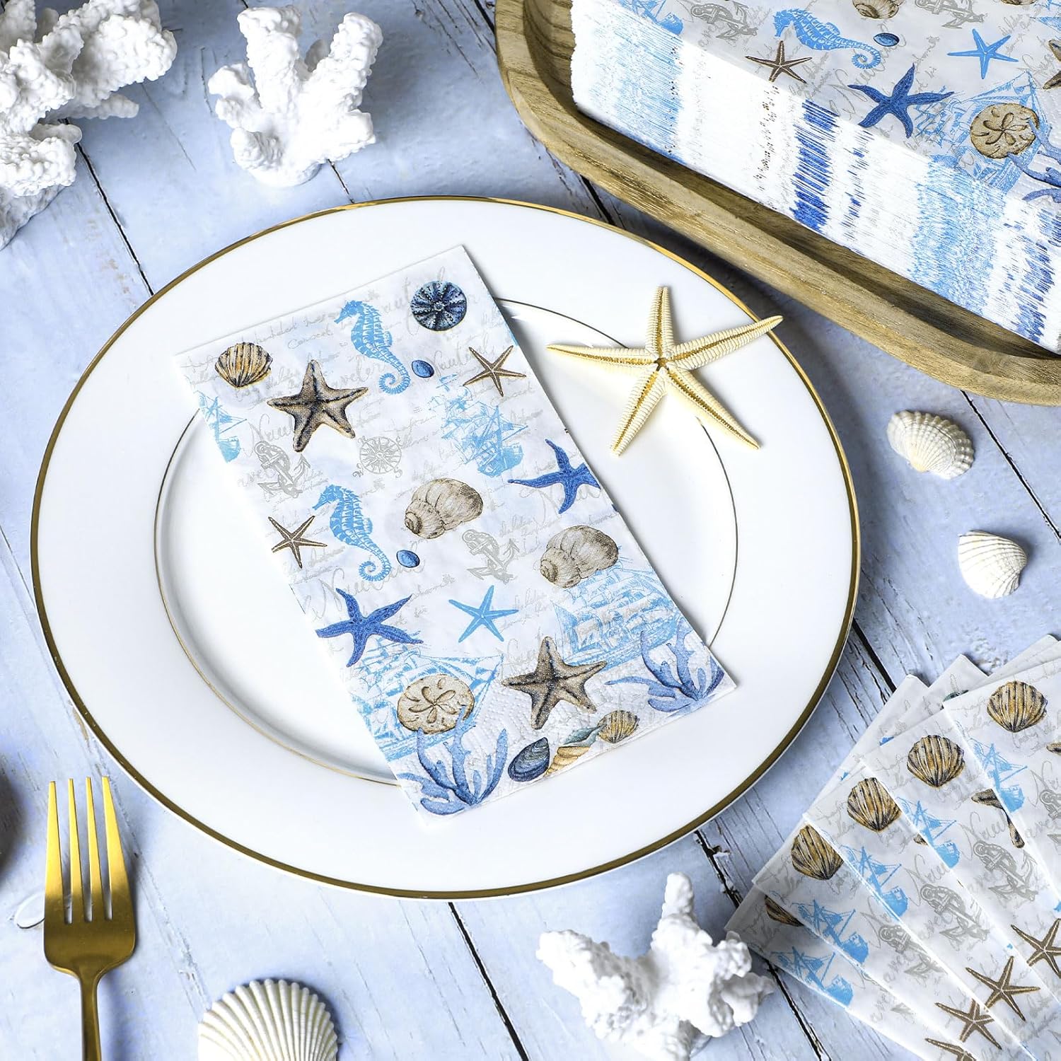 200 Pieces Sea Paper Napkins Summer Paper Guest Towels for Bathroom Decorative Sea Blue Starfish Disposable Guests Paper Napkins Nautical Coastal Hand Towels for Bathroom Wedding Dinner Party