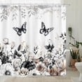 thumbnail image 3 of Boho Black White Floral Shower Curtain, Rustic Dark Flower Butterfly Fabric Farmhosue Shower Curtain, Vintage Botanical Leaf Plant Aesthetic Grey Decoration Shower Curtain 72×72 Inch with 12 Hooks, 3 of 4