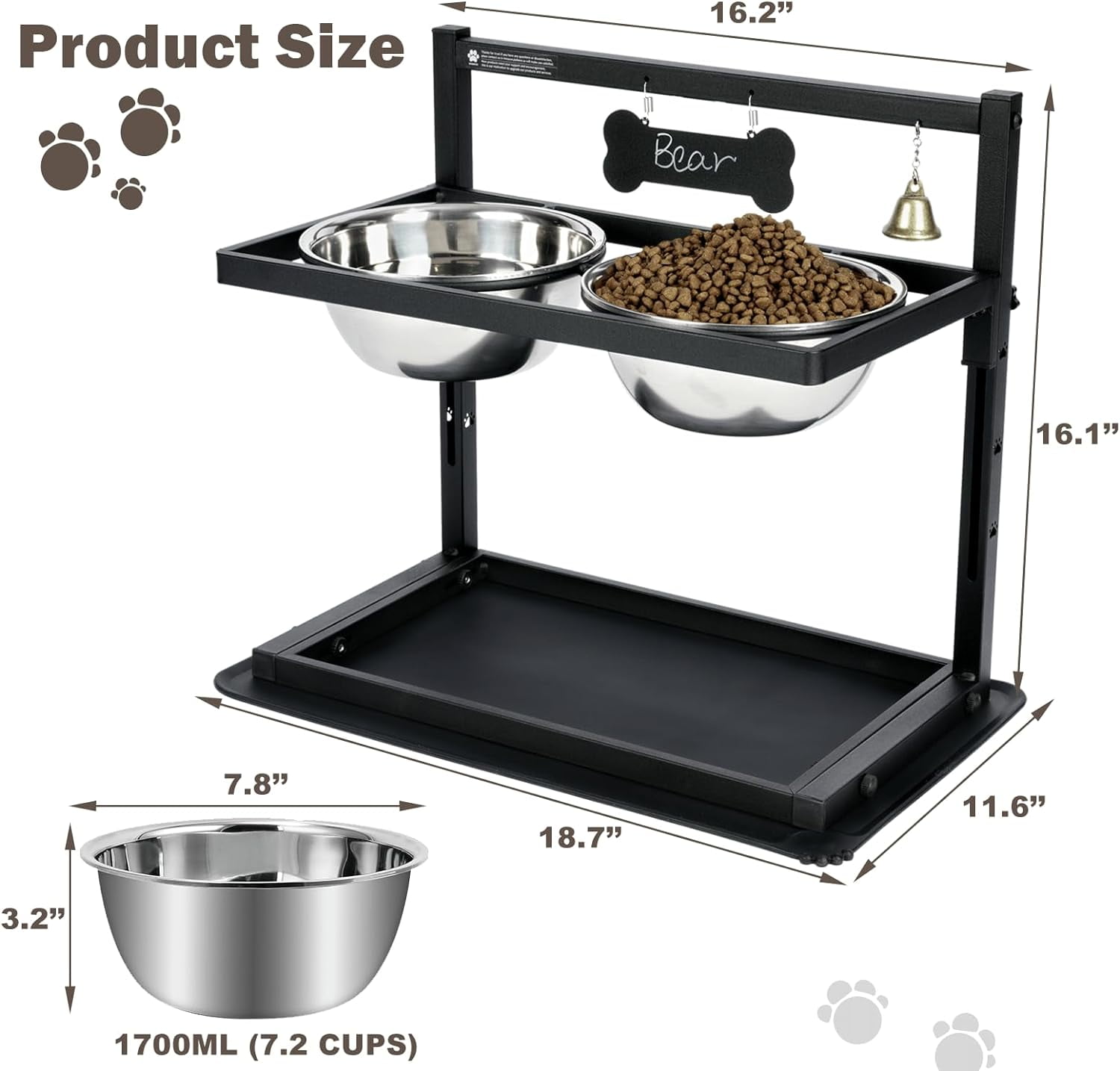 Elevated Dog Bowls with Slow Feeder for Large and Medium Dogs, Adjustable Height Raised Dog Bowl Stand with 2 Stainless Steel Bowls and Spill-Proof Mat, Dog Feeder for Healthy Eating (Grey)