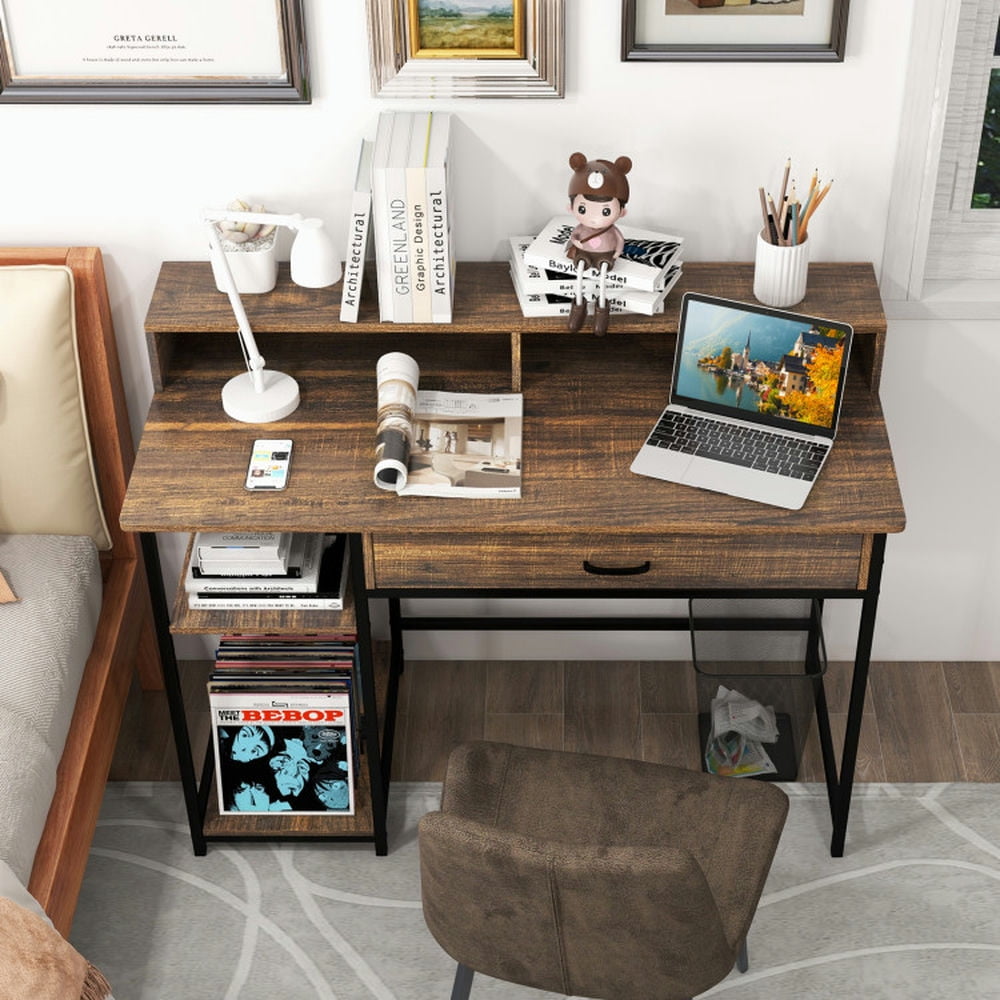 Demi Bonn 48" Computer Desk with Monitor Stand Drawer and Shelves, Small Home Office Desk Study Writing Table, Brown