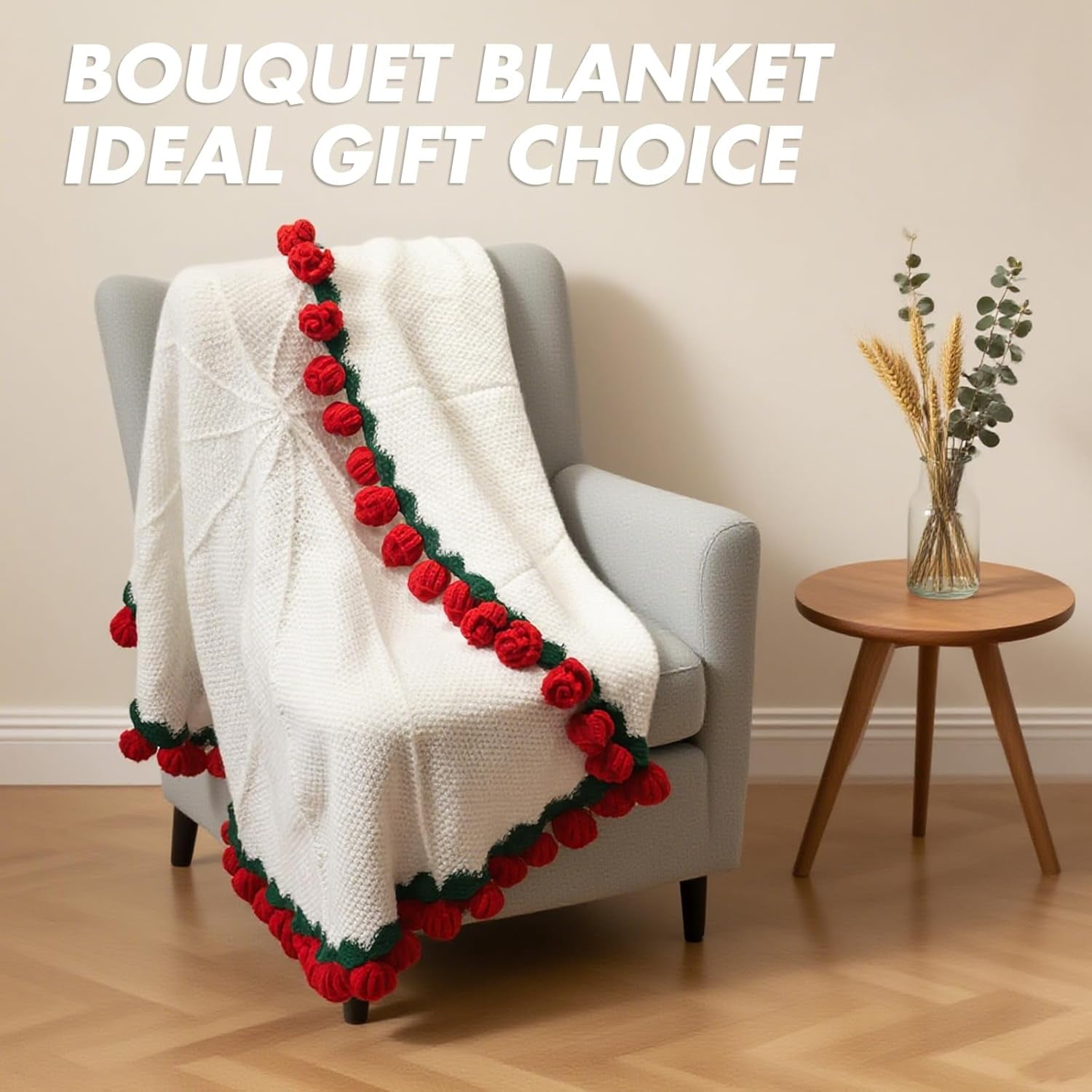 Finished Crochet Rose Bouquet Blanket,Cozy Knitted Bed Throw Blankets for Women,Mom,Sister,Girlfriend,Wife,Gifts for Birthday Wedding Christmas Home Decor