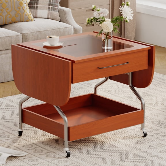 Modern Extendable Coffee Table w/ Wheels - Foldable 2-Tier Storage & Drawer, Metal Frame for Living Room - Space-Saving Design