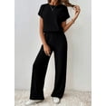 thumbnail image 6 of Women's Casual Loose Solid Ribbed Crewneck Short Sleeve Long Romper Stretchy Wide Leg Jumpsuits, 6 of 9
